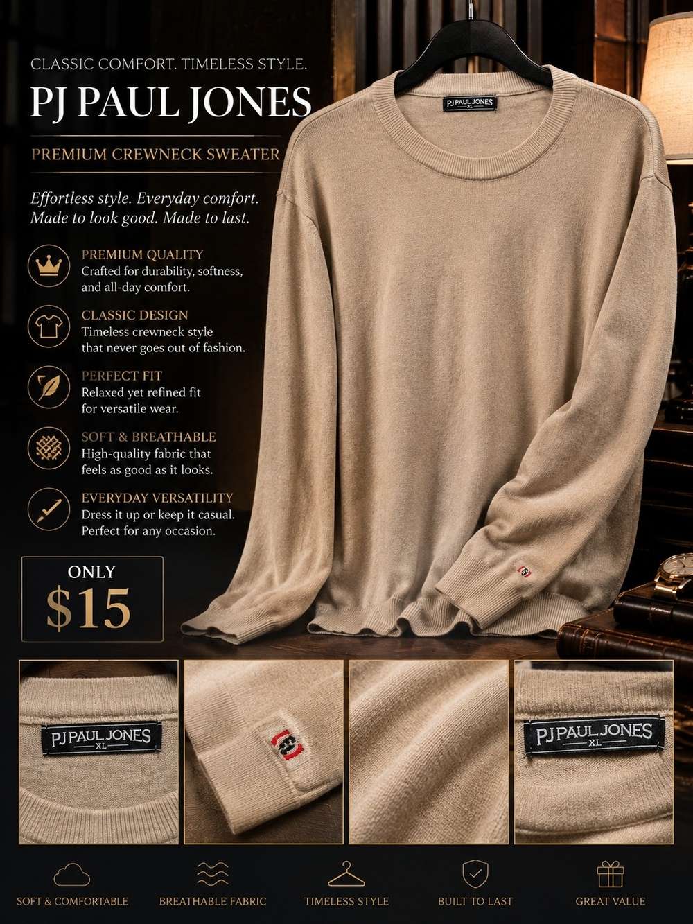 PJ Paul Jones Men’s Crewneck Sweater - Beige